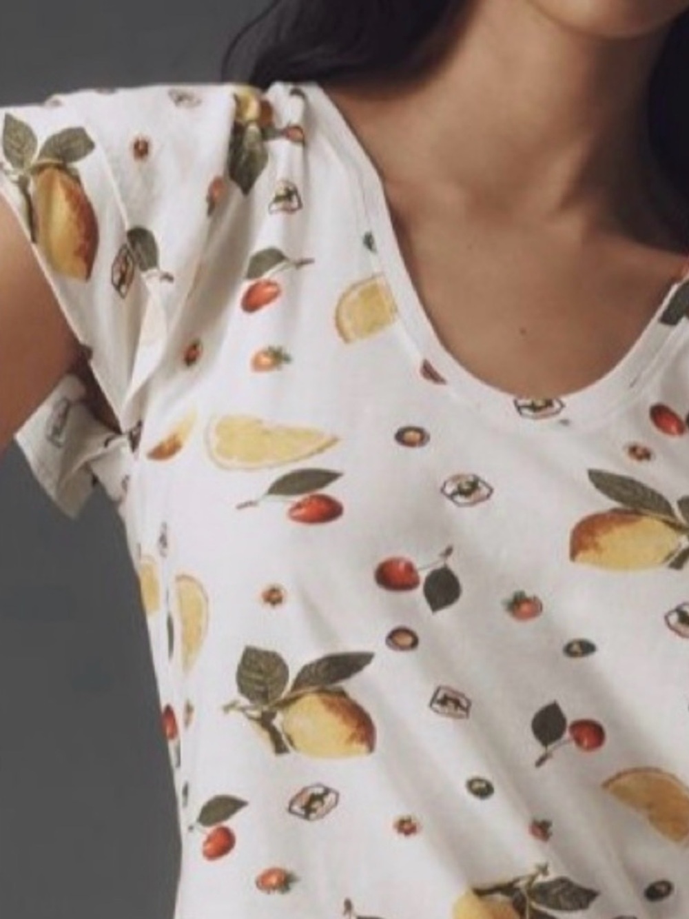 Maeve for Anthropologie lemon and cherry print flutter sleeve top